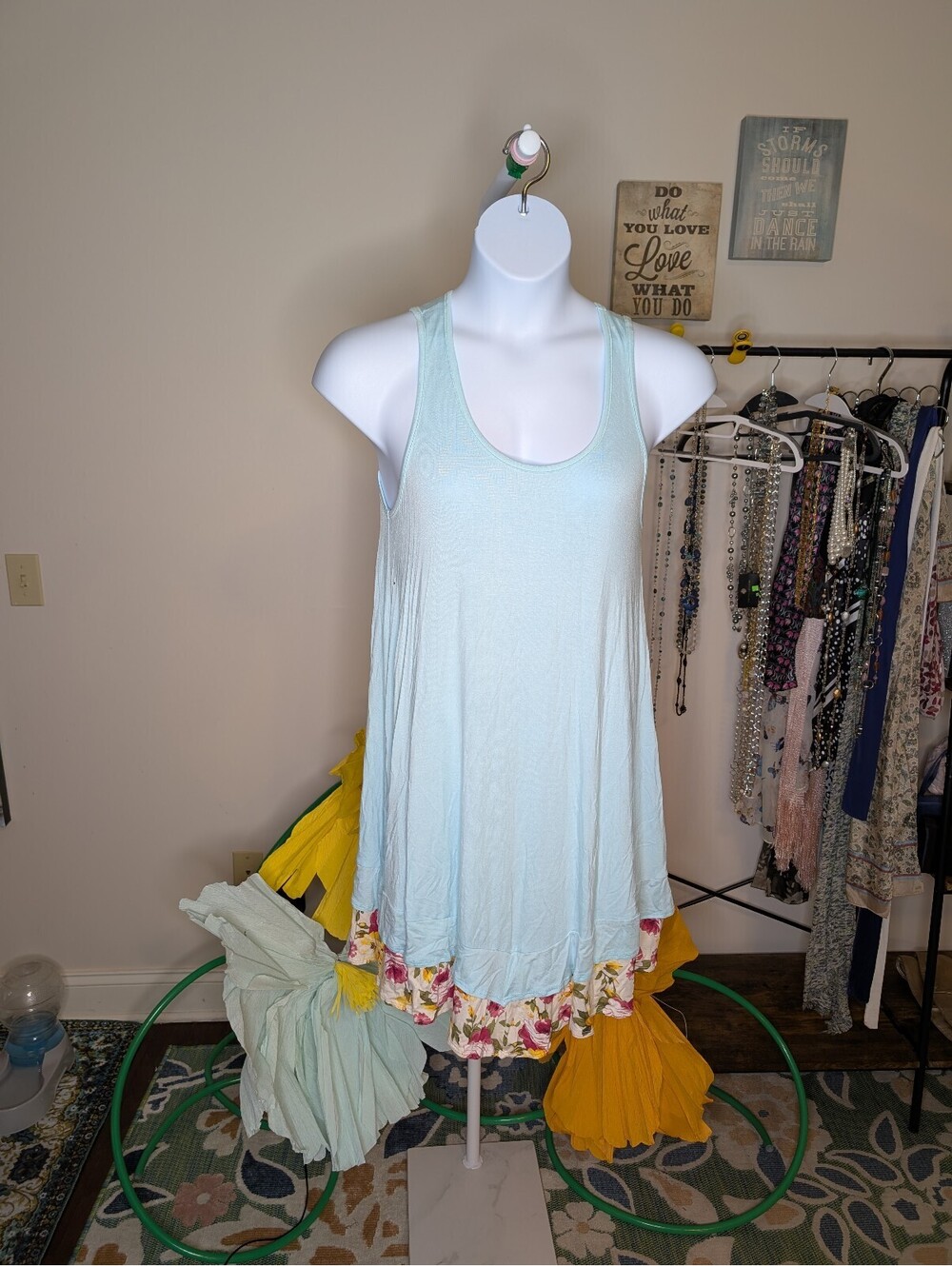 1997 - Lollipop Star Tank Light Blue Rayon Spandex Dress w/ Floral trim - L
